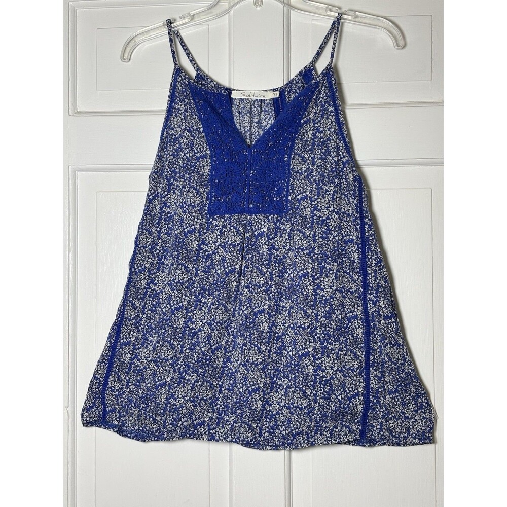 Solitaire Women's Blue Crochet Patterned Sleeveless Boho Tank Top Size M